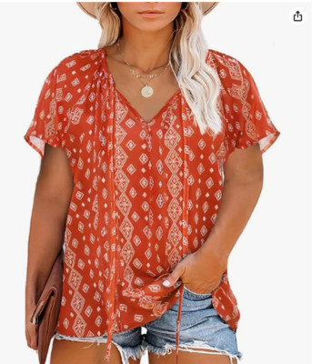 Women s Blouse Plus Size 3XL Boho Printed V Neck Short Sleeve Drawstring Red Top