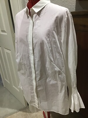 $995 Akris Women's White Long Sleeve Full Button Elastic Cuffs Blouse Size US 14