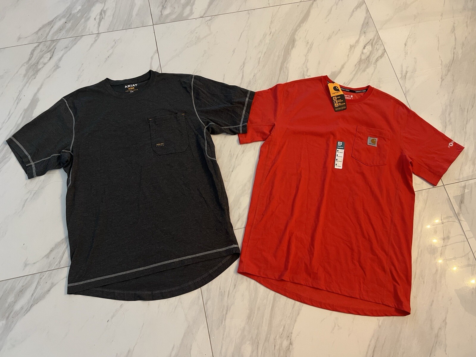 Lot Of 2 ARIAT Shirts M Gray Rebar Workman Graphic T-Shirt & New Oranger Force