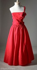 Prom/Party/Special Event Vtg 70's Red Poly One Shouldered Tea Length Dress XS