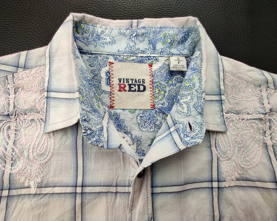 Camisa abotonada manga corta vintage roja para hombre pequeña blanca/rosa/azul/gris a cuadros Foto 2 de 4