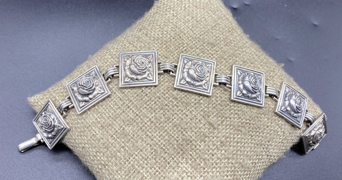 F. MIRAGLIA-Sterling Silver Modernist Rose Flower Square Link Bracelet-VINTAGE