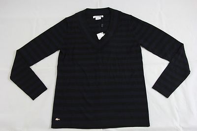 BNWT Lacoste Black Blue Striped Merino Wool Sweater Sz AF4442 100%  Authentic