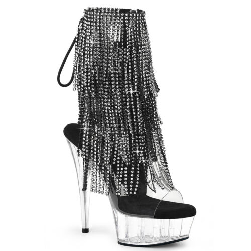 DELIGHT-1017RSF Pleaser Women's High Heels Platform Ankle Boots Fringes Clear Black - Picture 1 of 1