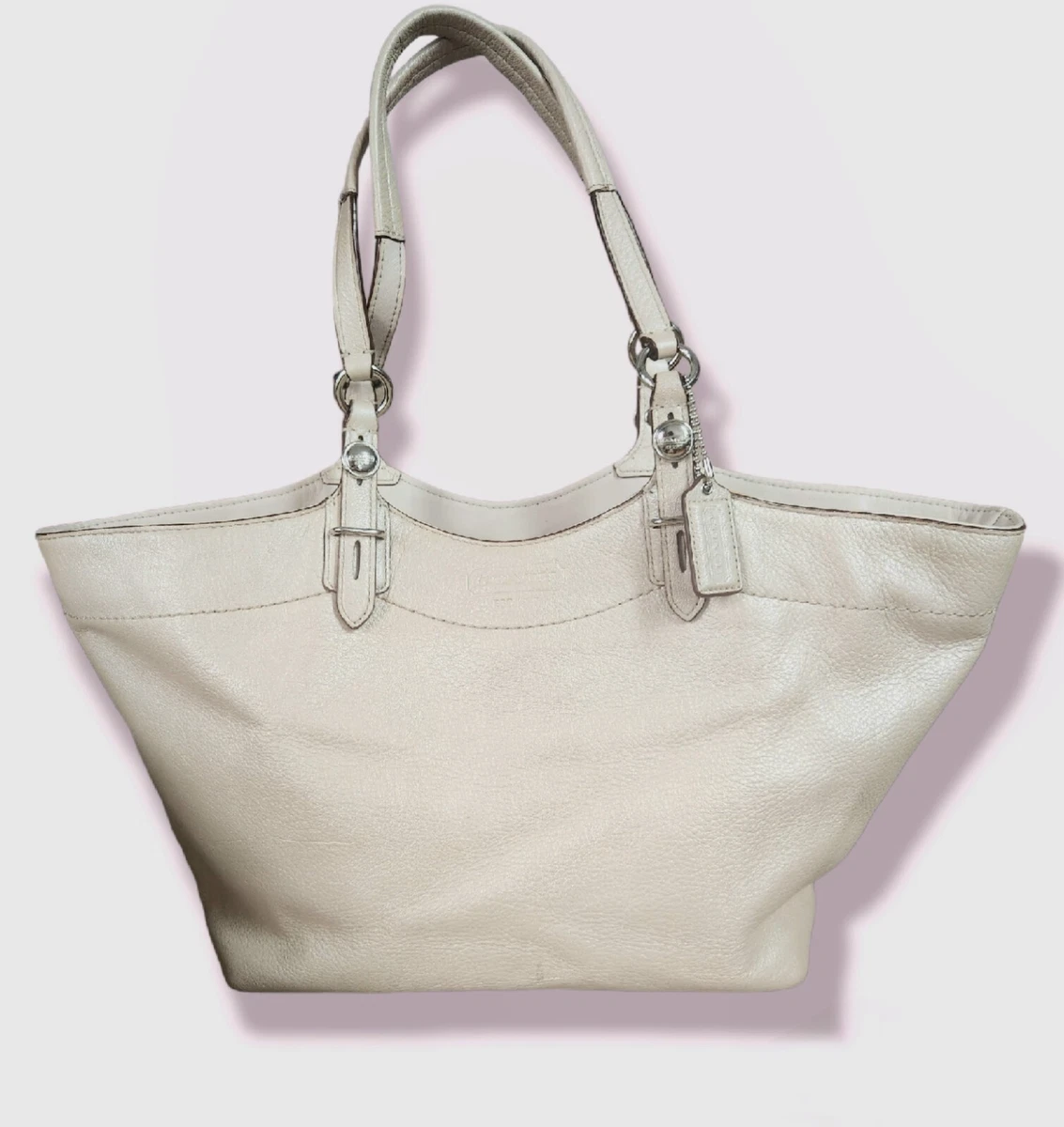 Large Coach Shell/Cream Leather Carly Tote, Shoulder Bag, Satchel 