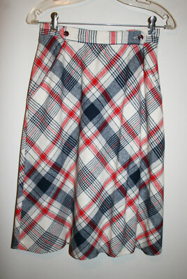 VTG Womens RT II RUSS TOGS Wool Blend Plaid Beige Red Navy Skirt w/ Pockets 9