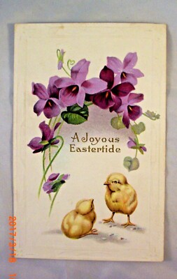 Embossed Easter Postcard - Two Chicks with Purple Flowers - A Joyous Eastertide