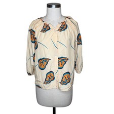 TUCKER Cream Orange Silk Cotton Blouse Women's Size XS Leaf Print Tropical