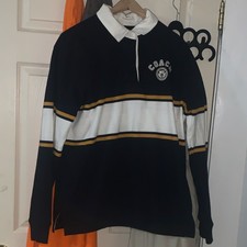 Coach Men's Long Sleeve Striped Polo Shirt Black White Yellow Logo Embroidered