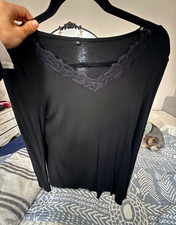 Black cotton blend Stretch V-Neck Lace Trim Long Sleeve Top M
