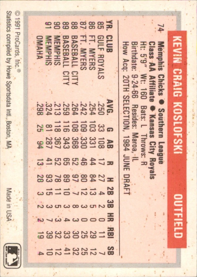 Kevin Koslofski 1991-92 ProCards Tomorrow's Heroes #74 RC Memphis Chicks - Image 2 of 2