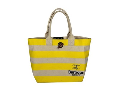 Barbour Yellow White Striped Canvas Beach Bag Tote with Wooden Toggle Cotton
