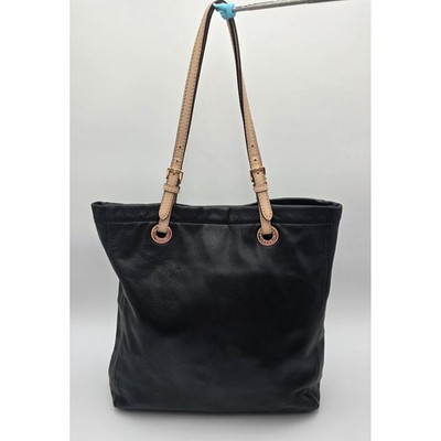 Michael Kors Black Pebbled Leather Tote Bag Tan Straps Gold Hardware Handbag