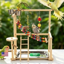 Dmnnlp Wood Bird Playground Play Stand Removable Tray Feeder Cups Ladder Swing