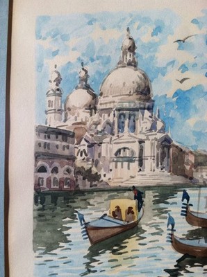 Watercolor Vintage Painting Venice Grand Canal Gondolas Signed Hollywood Regency