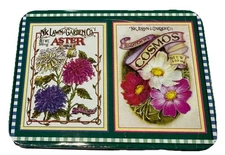 2 DECKS, NK LAWN & GARDEN CO COSMOS FLOWER SEED PK HOYLE PLAYING CARDS Tin, VTG