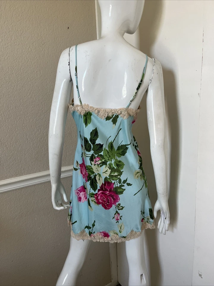Camisón BADGLEY MISCHKA Azul Cielo/Rosa Floral 100% Seda Encaje Recortado Chemise Talla M Foto 4 de 4
