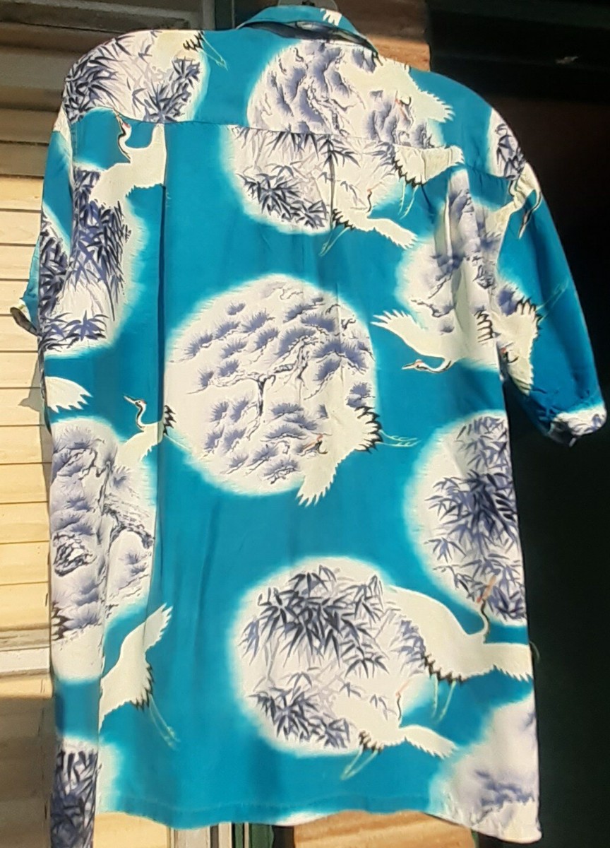 CRANES ! VTG 50s 60s Aloha Shirt Loop Collar L Hawaiian Rayon JC