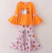 NEW Boutique Halloween Ghost Belle Sleeve Shirt  Bell Bottoms Girls Outfit Set