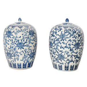 Pair Qing Dynasty Antique Large Chinese Blue & White Porcelian Melon Jars 1900