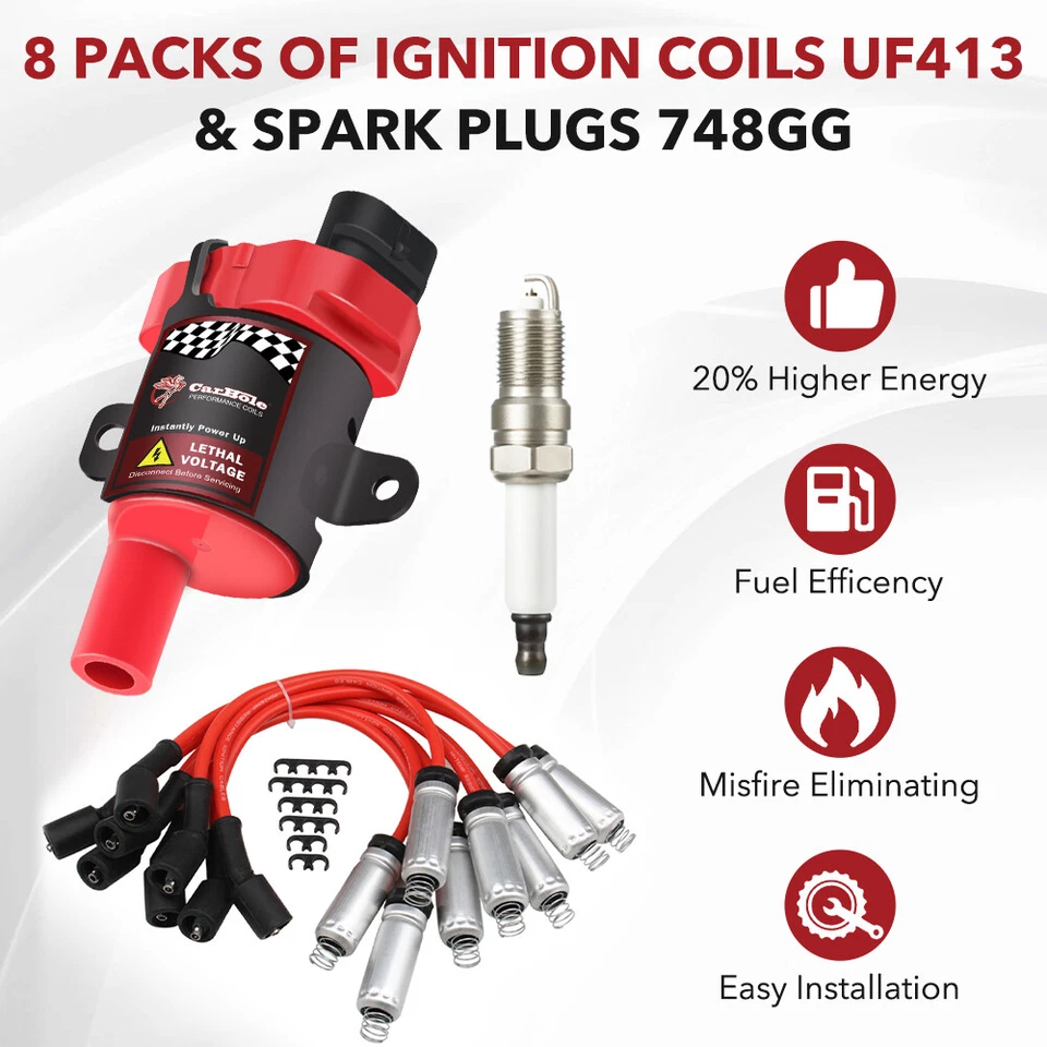 Paquete de 8 bobinas de encendido + juego de bujías y cables UF262 para Chevy Silverado 1500 2500 GMC Foto 3 de 4