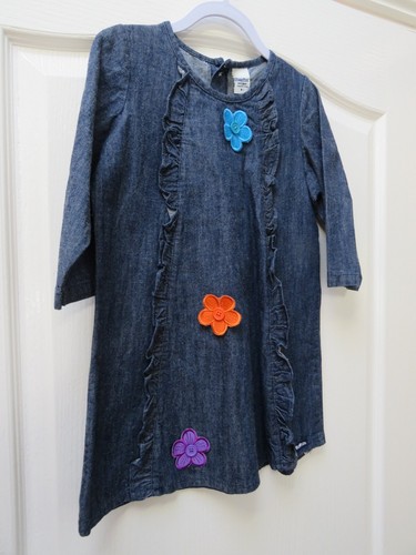 Osh Kosh B'Gosh Girls Dress Age 2 3 Blue Denim Smock Tunic Flowers 70s Retro - Picture 2 of 3