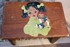Childs Wooden Step Stool Girl Holding Doll 13.5 X 8.5 X 9