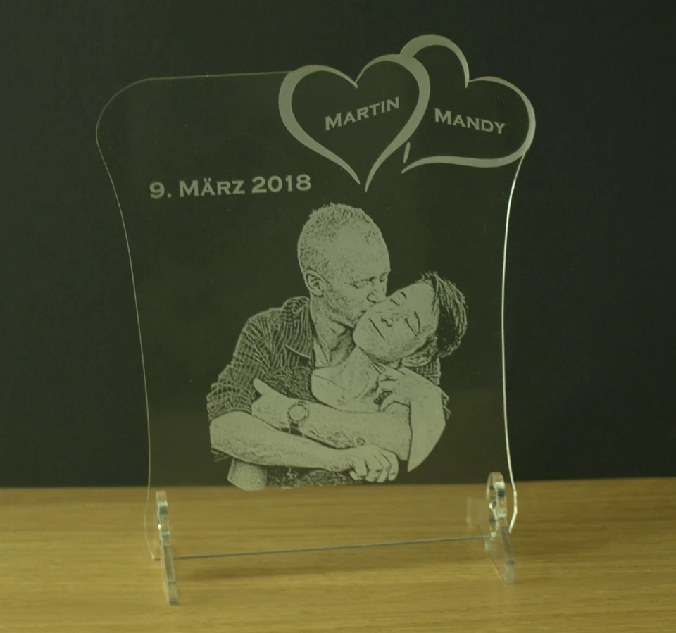 Geschenk Foto Gravur Acrylglas Herzen Jubiläum Verlobung Hochzeit Widmung