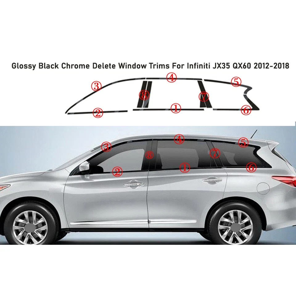 Glossy Black Chrome Delete Window Trims For Infiniti JX35 QX60 2012-2018 Foto 4 de 4