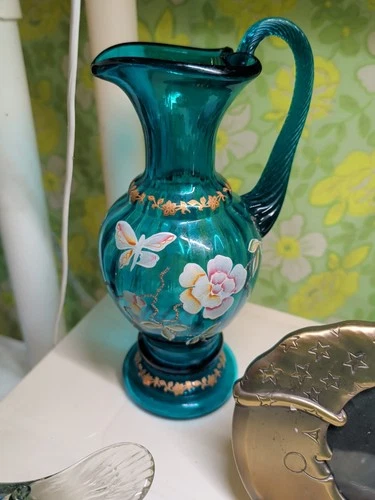 Fenton New Century XXl Art Glass Floral Blue Pitcher Vase Next Millennium Signed