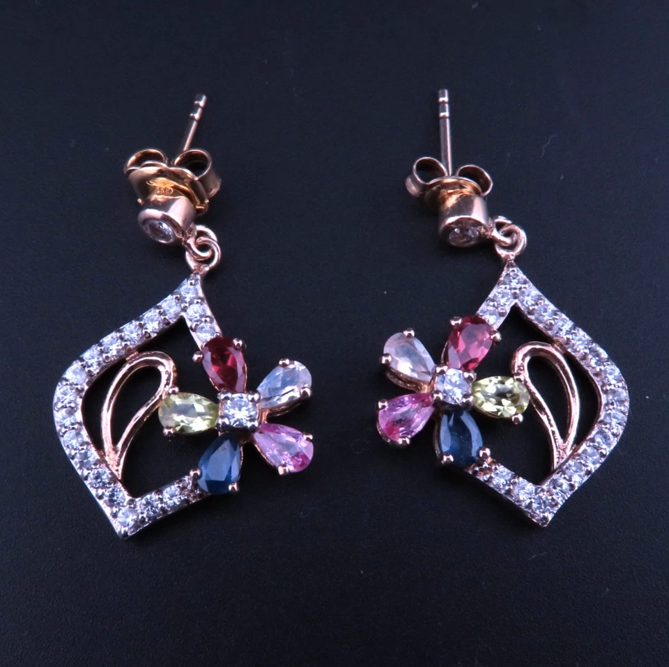Traumhaft Schöne Ohrringe 925er Sterling Silber Steinbesatz Blume Bunt Boho Edel - Bild 1 von 4