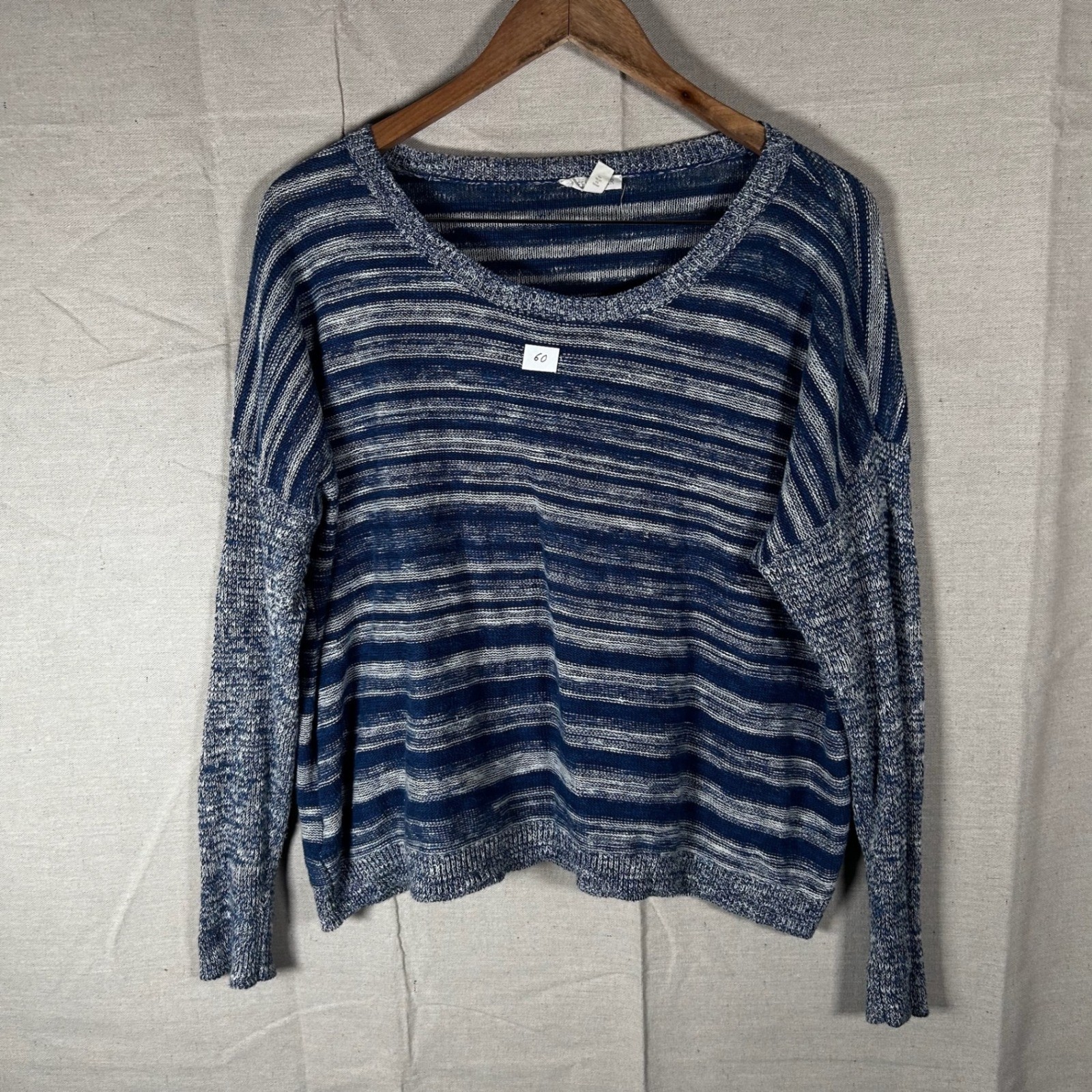 Eileen Fisher Blue Striped Organic Linen Cotton Knit Sweater Womens Medium