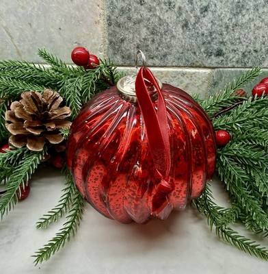 Large Antiqued Red Mercury Glass Kugel Ribbed Ball Christmas Ornament 5 