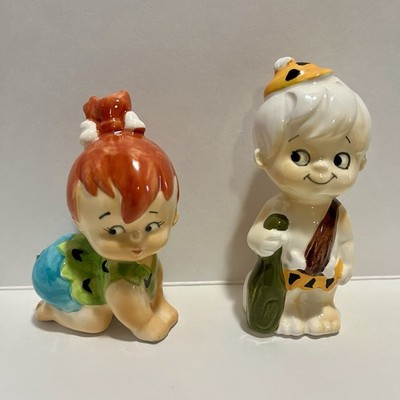1985 Vandor Flintstones Pebbles Bam-Bam Ceramic Salt & Pepper Shakers Set HTF