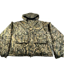VTG Mens Game Winner Camo Puff Jacket Size Large Hunting Hooded Full Zip Outdoor
