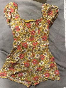 Women’s Lily Rose Short A-Line Romper Floral Puff Sleeve Criss Cross Back XS
