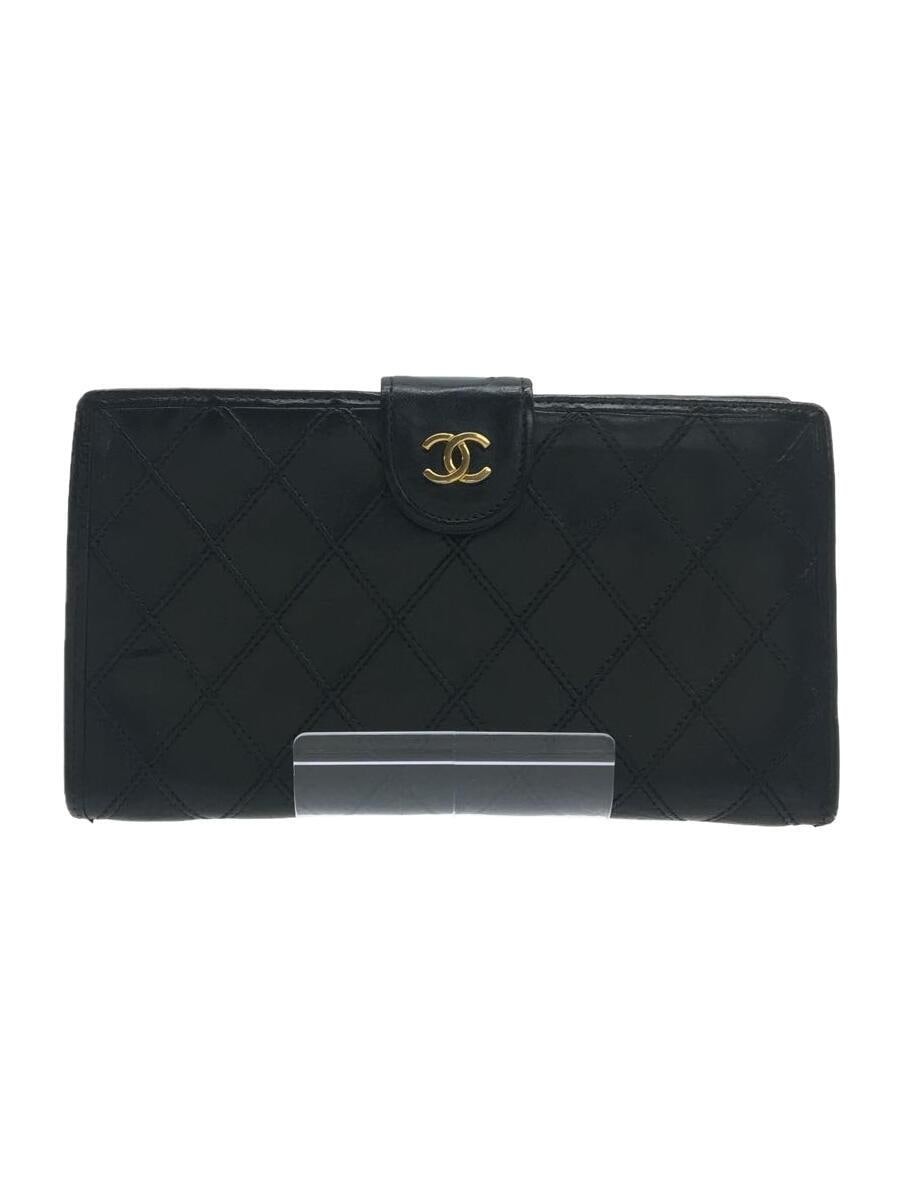 CHANEL Bifold Long Wallet Piccolore Quilted Kiss Lock Coin Purse Black Pre-Loved
