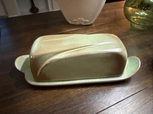 Frankoma Pottery Plainmans Butter Dish Green And Brown 4 K