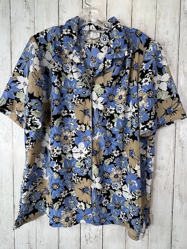 DonnKenny Shirt 1X Button Plus Blouse Blue Tan Floral Short Sleeve Lightweight