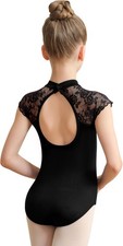 Girls Turtleneck Ballet Dance Leotard Lace Neckline Full Front Line Hollow Back