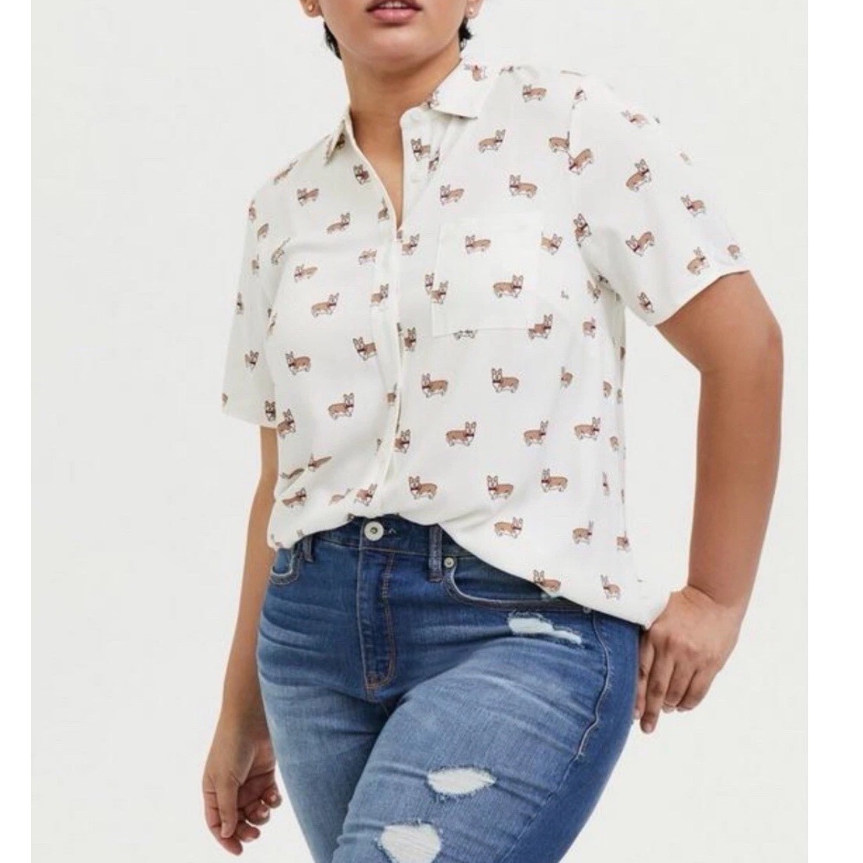Torrid White Challis Corgi Button Up Blouse Top Shirt Short Sleeve Size 5X