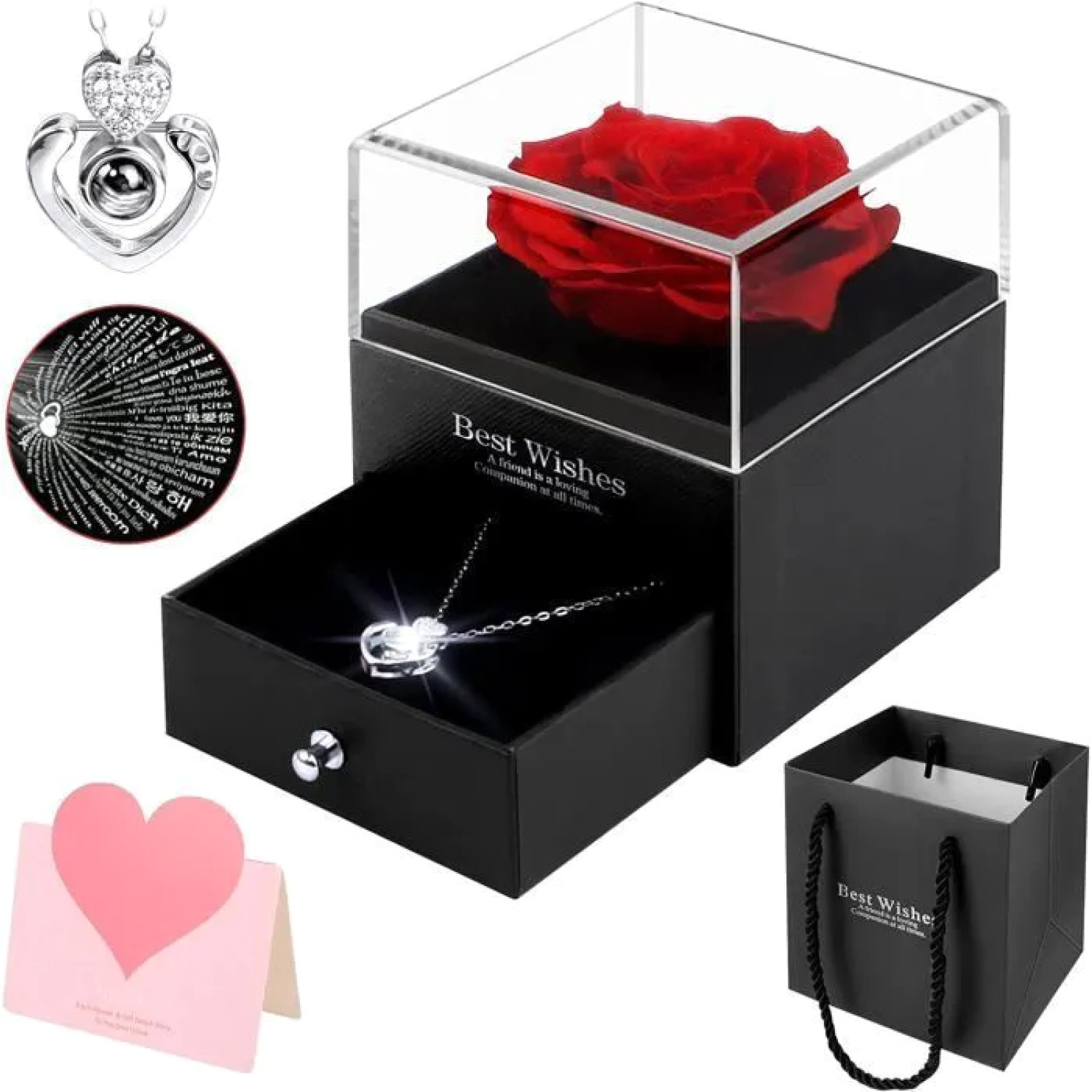 Collier Cœur Rose Éternelle 100 Langues : Boîte Bijou pour Femme et Amoureuse