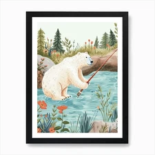 Polar Bear Fishing In A Stream Stor Framed Wall Art Poster Canvas Print Picture