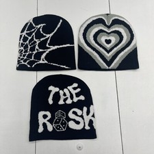 3 Pack Black Printed Knit Beanies Adults Size OS New