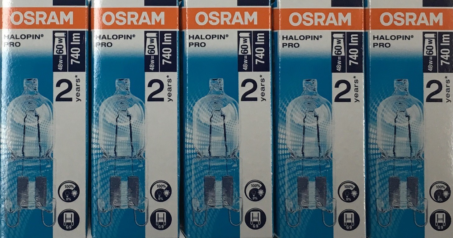 Pack of 5 Osram 48W = 60W G9 2pin Halopin Halogen Capsule Clear Dimmable bulb