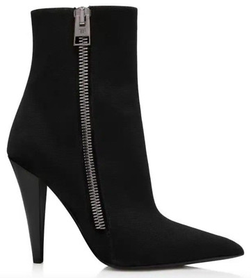 NIB Tom Ford Black Canvas TF Logo Zip Pointed Toe Ankle Boots Sz 37.5 7.5 $1890
