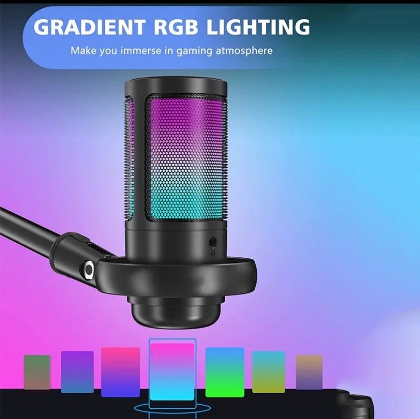 USB Microphone for PC, RGB Gaming Mic with Mute Button, Condenser