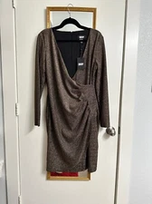 DKNY Faux Wrap Cocktail Dress Size 14 Black Gold Metallic Long Sleeve V Neck NYE