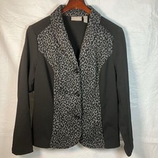 Chicos Leopard Print Panel Blazer Black Grey Button Front Jacket Size 2 Large