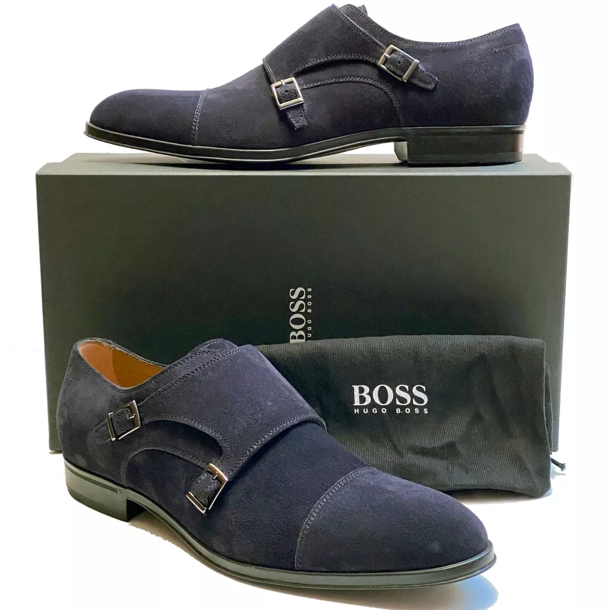 HUGO BOSS ITALY Double Monk Strap Men s Blue Suede Leather Dress Formal Oxford